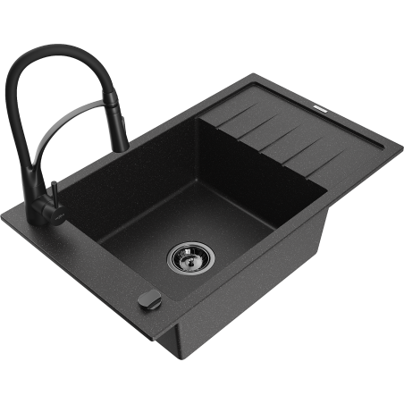Mexen Elias 1-bowl granite sink with drainer and kitchen faucet Aster, black/silver metallic - 6511-73-73450-70-B