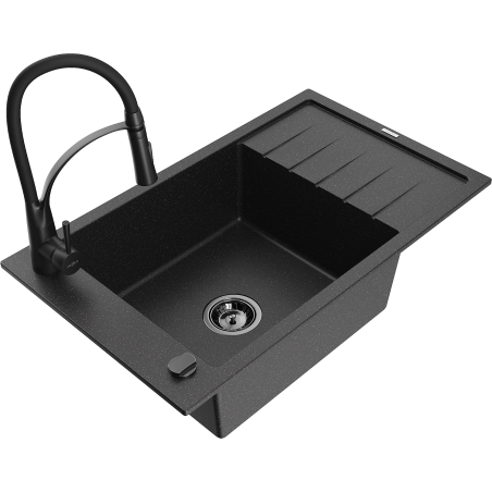 Mexen Elias 1-compartment granite sink with a drip tray and kitchen mixer tap Aster, Black/Silver metallic - 6511-73-73450-70-B