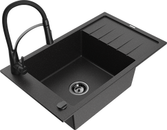 Mexen Elias 1-bowl granite sink with drainer and kitchen faucet Aster, black/silver metallic - 6511-73-73450-70-B
