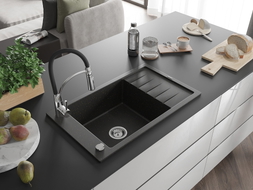 Mexen Elias 1-Bowl Granite Sink with Drainer and Aster Kitchen Faucet, Black/Golden Metallic - 6511-75-73450-70