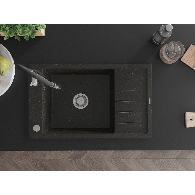 Mexen Elias 1-bowl granite sink with drainer and Aster kitchen tap, black/gold metallic - 6511-75-73450-70