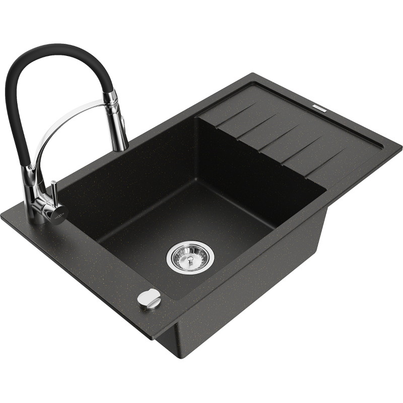 Mexen Elias 1-Bowl Granite Sink with Drainer and Aster Kitchen Faucet, Black/Golden Metallic - 6511-75-73450-70