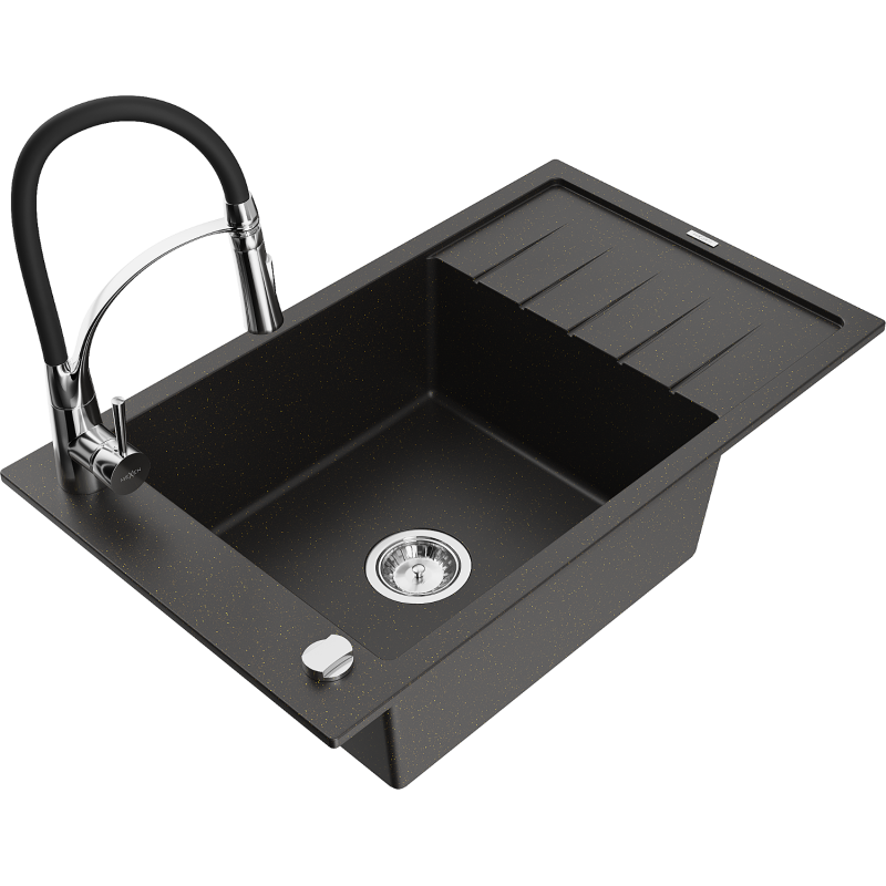 Mexen Elias 1-bowl granite sink with drainer and Aster kitchen tap, black/gold metallic - 6511-75-73450-70