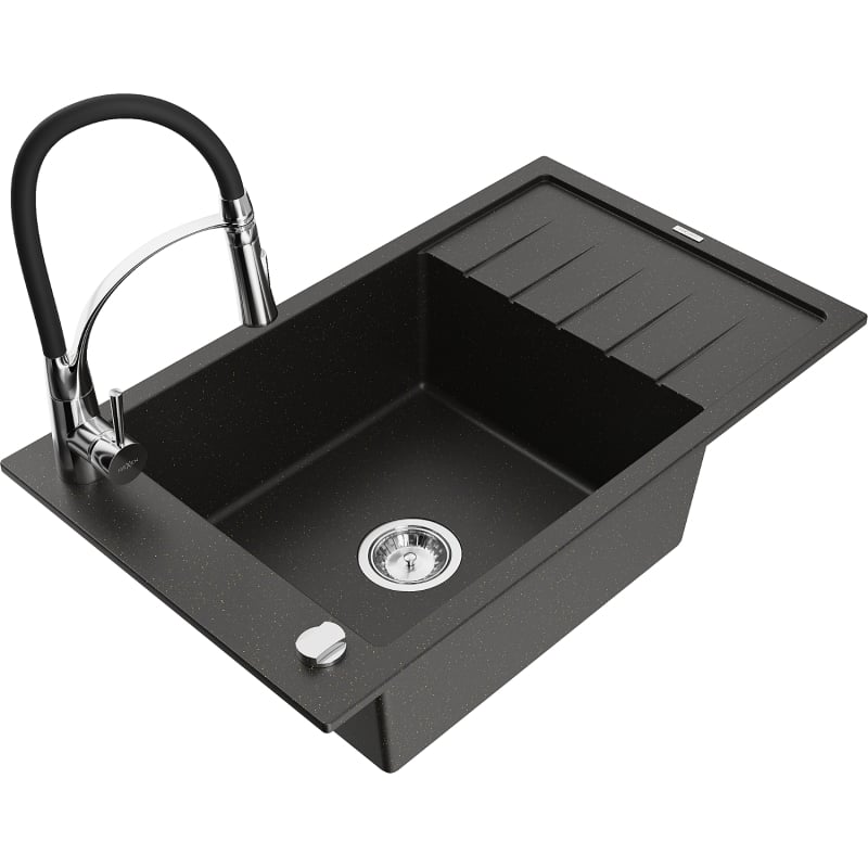 Mexen Elias granite kitchen sink 1-bowl with drainer and kitchen faucet Aster, black/gold metallic - 6511-75-73450-70