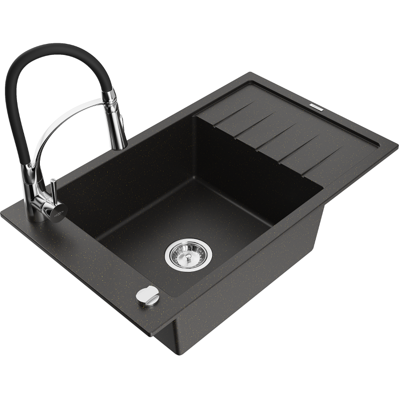 Mexen Elias granite sink 1-bowl with drainer and Aster kitchen faucet, black/gold metallic - 6511-75-73450-70