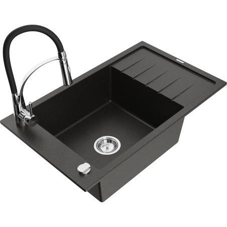 Mexen Elias granite kitchen sink 1-bowl with drainer and kitchen faucet Aster, black/gold metallic - 6511-75-73450-70