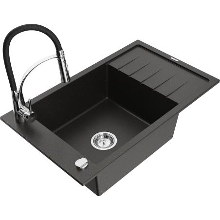 Mexen Elias granite sink 1-bowl with drainer and Aster kitchen faucet, black/gold metallic - 6511-75-73450-70