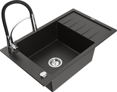 Mexen Elias granite sink 1-bowl with drainer and Aster kitchen faucet, black/gold metallic - 6511-75-73450-70