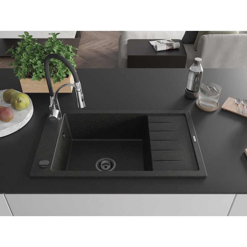 Mexen Elias granite kitchen sink single-bowl with drainer and Aster kitchen faucet, black/golden metallic - 6511-75-73450-07-B