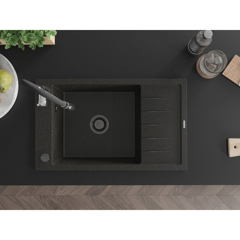 Mexen Elias granite sink single-bowl with drainer and Aster kitchen tap, black/gold metallic - 6511-75-73450-07-B
