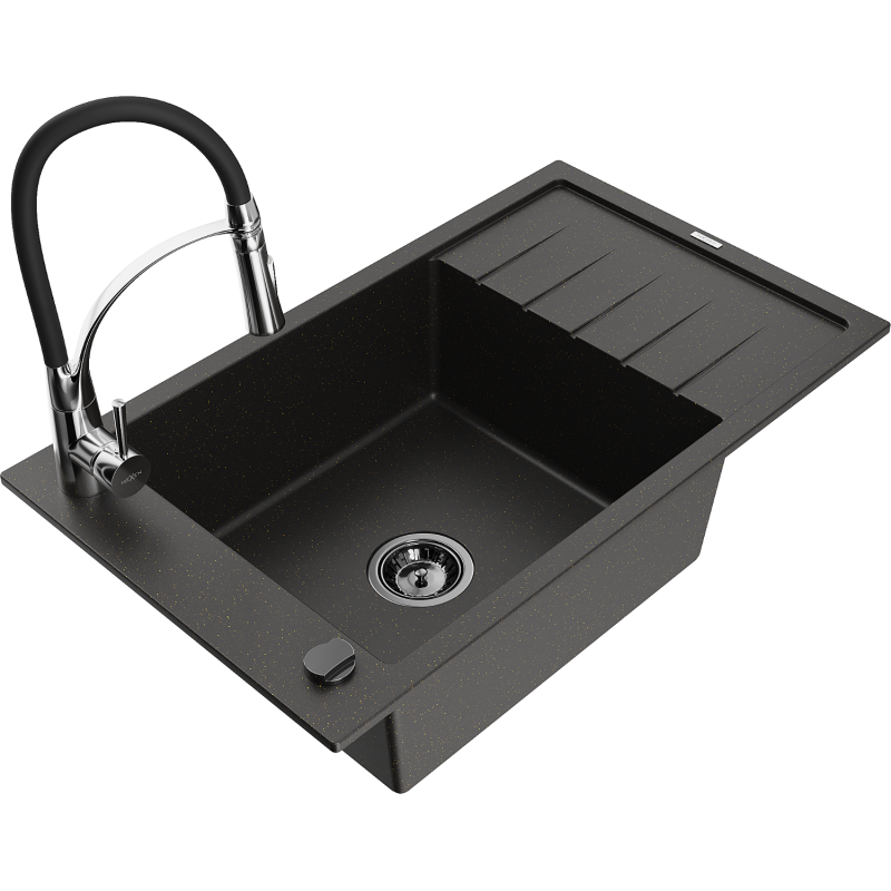 Mexen Elias 1-compartment granite sink with a drip tray and kitchen mixer tap Aster, Black/Gold metallic - 6511-75-73450-07-B