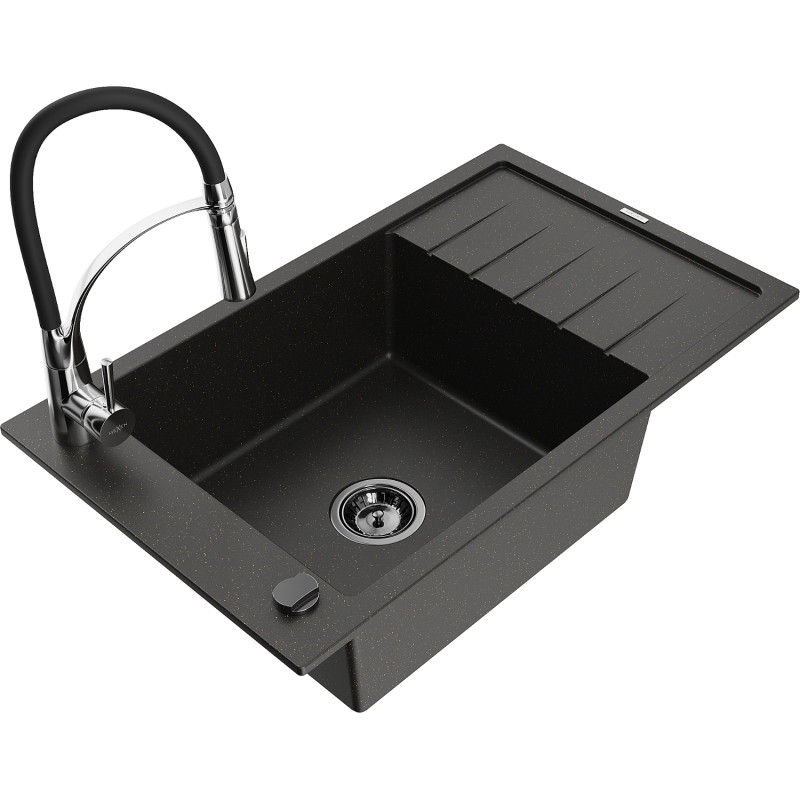 Mexen Elias granite kitchen sink single-bowl with drainer and Aster kitchen faucet, black/golden metallic - 6511-75-73450-07-B