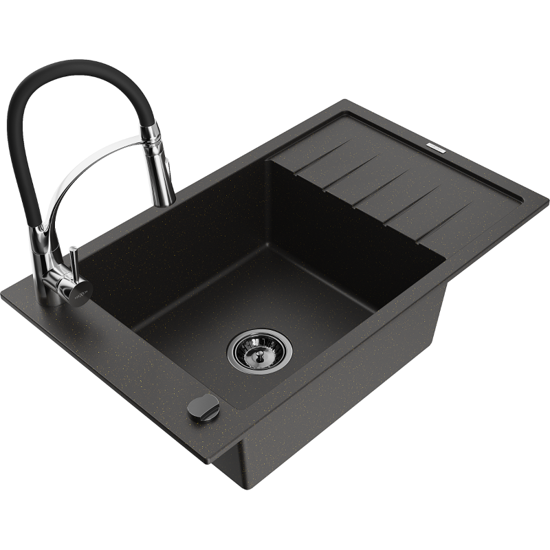 Mexen Elias granite sink single-bowl with drainer and Aster kitchen tap, black/gold metallic - 6511-75-73450-07-B