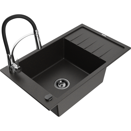 Mexen Elias 1-compartment granite sink with a drip tray and kitchen mixer tap Aster, Black/Gold metallic - 6511-75-73450-07-B