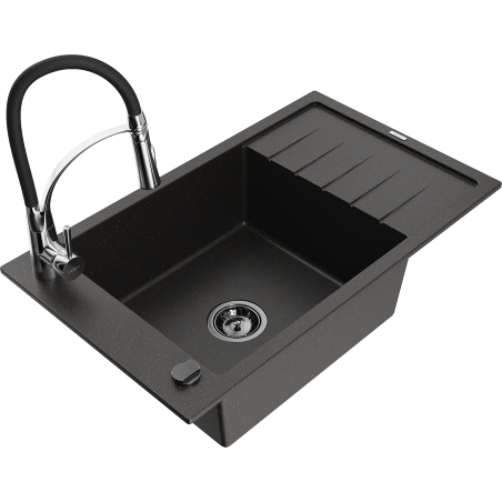 Mexen Elias granite kitchen sink single-bowl with drainer and Aster kitchen faucet, black/golden metallic - 6511-75-73450-07-B