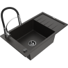 Mexen Elias granite kitchen sink single-bowl with drainer and Aster kitchen faucet, black/golden metallic - 6511-75-73450-07-B