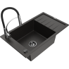 Mexen Elias granite sink single-bowl with drainer and Aster kitchen tap, black/gold metallic - 6511-75-73450-07-B