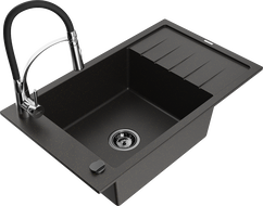 Mexen Elias granite kitchen sink single-bowl with drainer and Aster kitchen faucet, black/golden metallic - 6511-75-73450-07-B