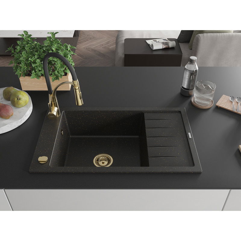 Mexen Elias 1-bowl granite sink with drainer and Aster kitchen tap, black/gold metallic - 6511-75-73450-57-G