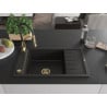 Mexen Elias granite sink 1-bowl with drainer and Aster kitchen faucet, black/gold metallic - 6511-75-73450-57-G