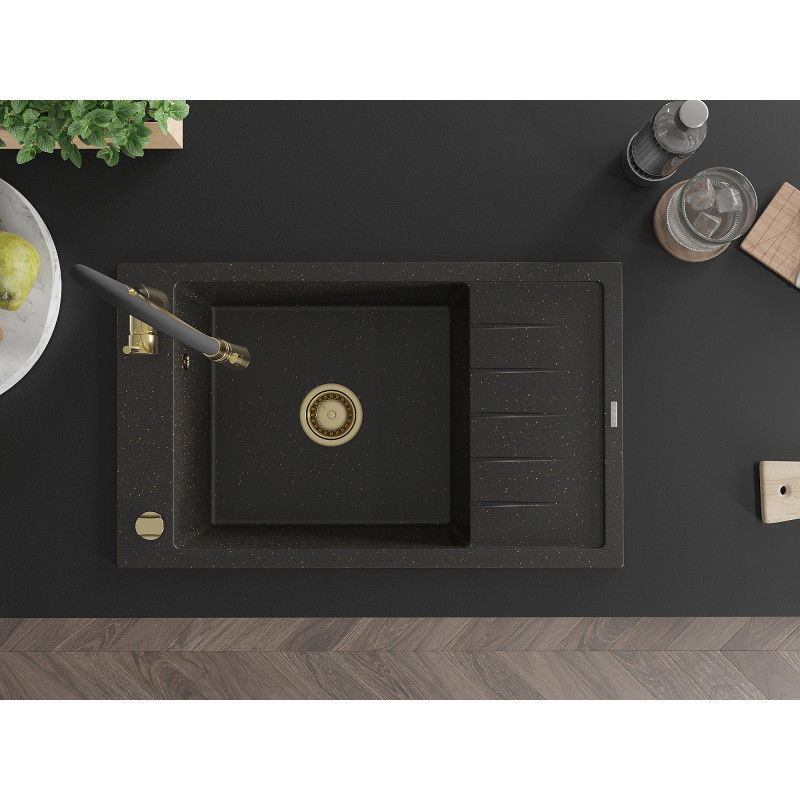 Mexen Elias 1-bowl granite sink with drainer and Aster kitchen tap, black/gold metallic - 6511-75-73450-57-G
