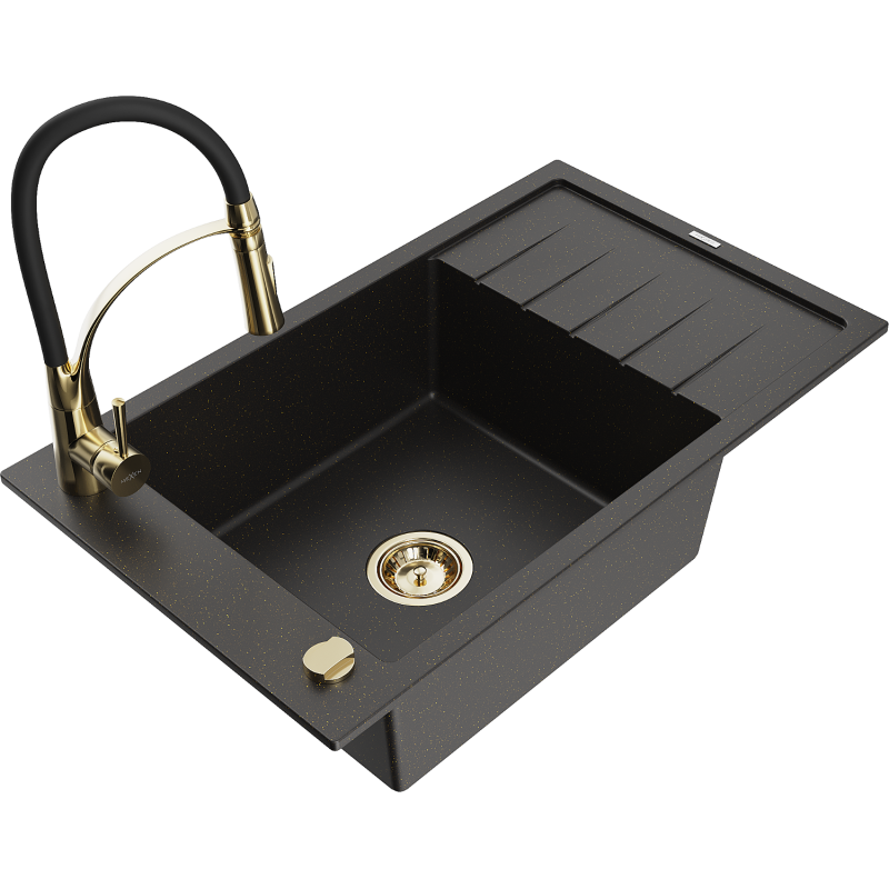Mexen Elias 1-bowl granite sink with drainer and Aster kitchen tap, black/gold metallic - 6511-75-73450-57-G