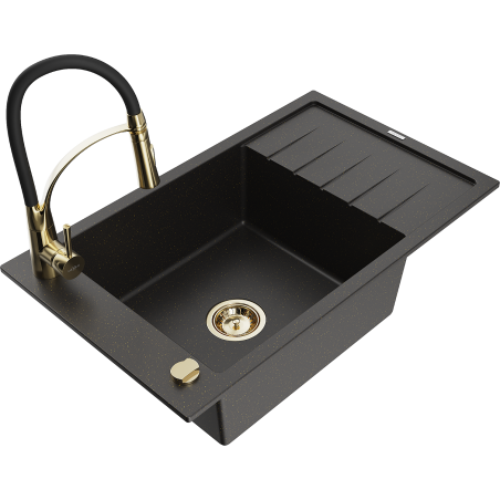 Mexen Elias 1-bowl granite sink with drainer and Aster kitchen tap, black/gold metallic - 6511-75-73450-57-G