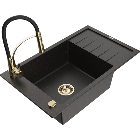 Mexen Elias 1-compartment granite sink with a drip tray and kitchen mixer tap Aster, Black/Gold metallic - 6511-75-73450-57-G