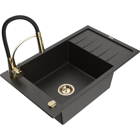 Mexen Elias granite sink 1-bowl with drainer and Aster kitchen faucet, black/gold metallic - 6511-75-73450-57-G