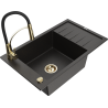 Mexen Elias 1-bowl granite sink with drainer and Aster kitchen tap, black/gold metallic - 6511-75-73450-57-G