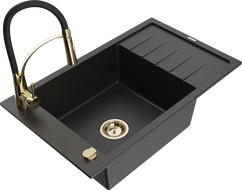 Mexen Elias granite sink 1-bowl with drainer and Aster kitchen faucet, black/gold metallic - 6511-75-73450-57-G