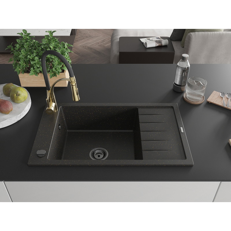 Mexen Elias granite kitchen sink single-bowl with drainer and kitchen faucet Aster, black/gold metallic - 6511-75-73450-57-B