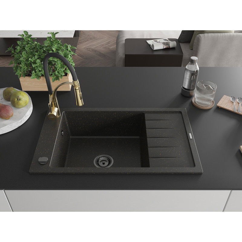 Mexen Elias granite sink 1-bowl with drainer and Aster kitchen tap, black/gold metallic - 6511-75-73450-57-B