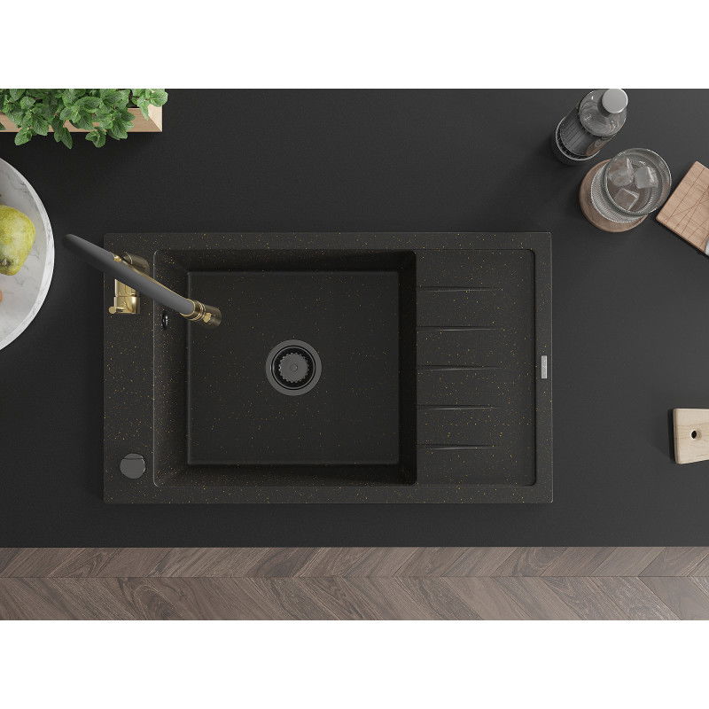 Mexen Elias granite sink 1-bowl with drainer and Aster kitchen tap, black/gold metallic - 6511-75-73450-57-B