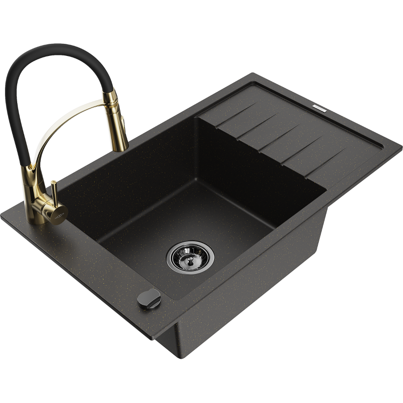 Mexen Elias 1-compartment granite sink with a drip tray and kitchen mixer tap Aster, Black/Gold metallic - 6511-75-73450-57-B