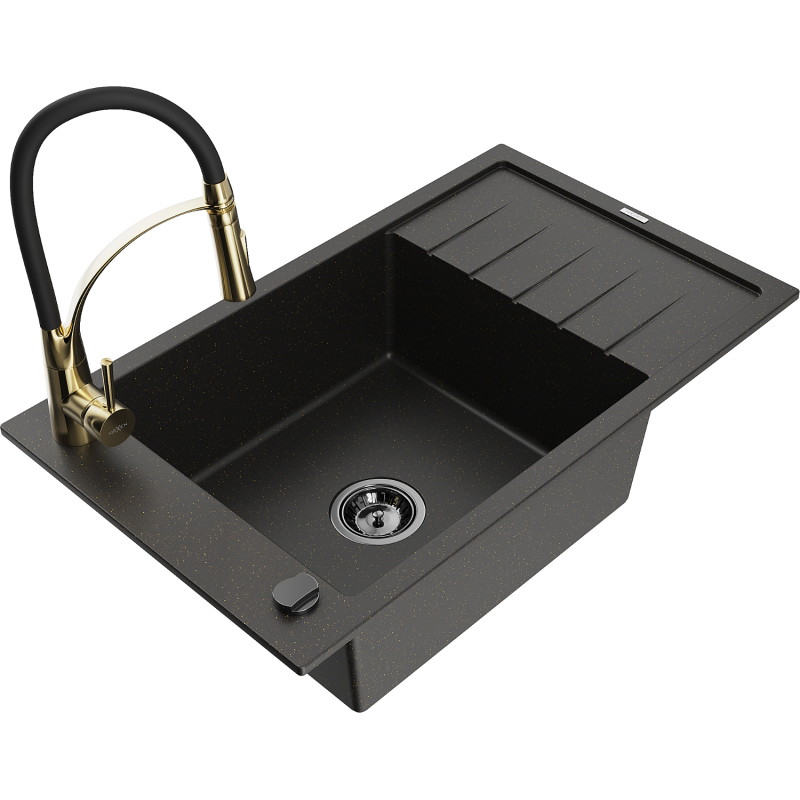 Mexen Elias granite kitchen sink single-bowl with drainer and kitchen faucet Aster, black/gold metallic - 6511-75-73450-57-B