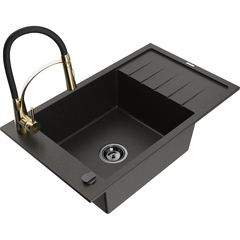 Mexen Elias granite sink 1-bowl with drainer and Aster kitchen tap, black/gold metallic - 6511-75-73450-57-B