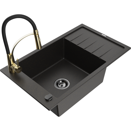 Mexen Elias 1-compartment granite sink with a drip tray and kitchen mixer tap Aster, Black/Gold metallic - 6511-75-73450-57-B