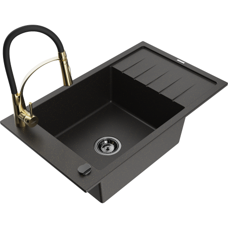 Mexen Elias granite sink 1-bowl with drainer and Aster kitchen tap, black/gold metallic - 6511-75-73450-57-B