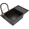 Mexen Elias granite sink 1-bowl with drainer and Aster kitchen tap, black/gold metallic - 6511-75-73450-57-B