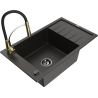 Mexen Elias granite sink 1-bowl with drainer and kitchen faucet Aster, black/gold metallic - 6511-75-73450-57-B