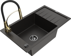 Mexen Elias granite sink 1-bowl with drainer and Aster kitchen tap, black/gold metallic - 6511-75-73450-57-B