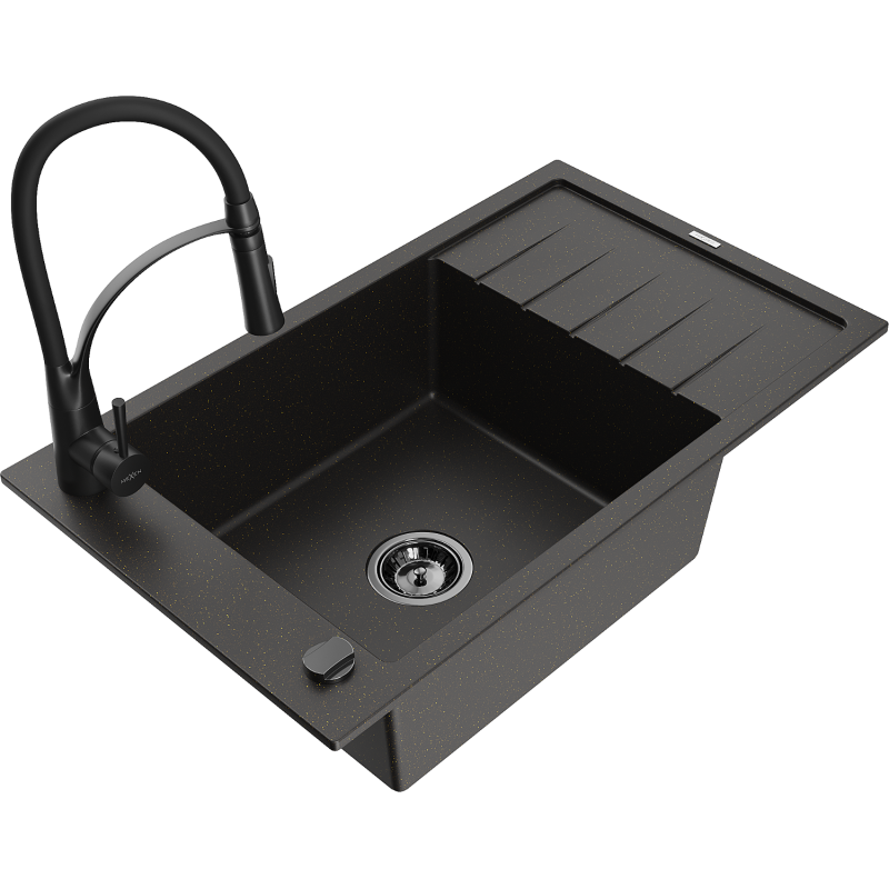 Mexen Elias 1-compartment granite sink with a drip tray and kitchen mixer tap Aster, Black/Gold metallic - 6511-75-73450-70-B