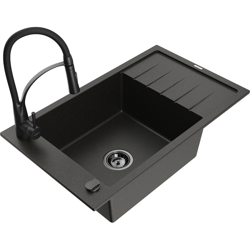 Mexen Elias granite kitchen sink 1-bowl with drainer and kitchen faucet Aster, black/gold metallic - 6511-75-73450-70-B