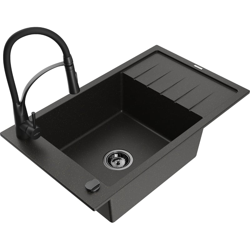 Mexen Elias granite single-bowl kitchen sink with drainer and kitchen faucet Aster, black/gold metallic - 6511-75-73450-70-B