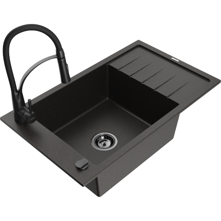 Mexen Elias granite single-bowl kitchen sink with drainer and kitchen faucet Aster, black/gold metallic - 6511-75-73450-70-B