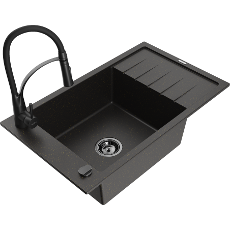 Mexen Elias granite sink 1-bowl with drainer and Aster kitchen tap, black/gold metallic - 6511-75-73450-70-B
