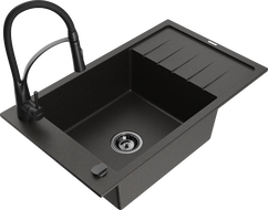 Mexen Elias 1-compartment granite sink with a drip tray and kitchen mixer tap Aster, Black/Gold metallic - 6511-75-73450-70-B