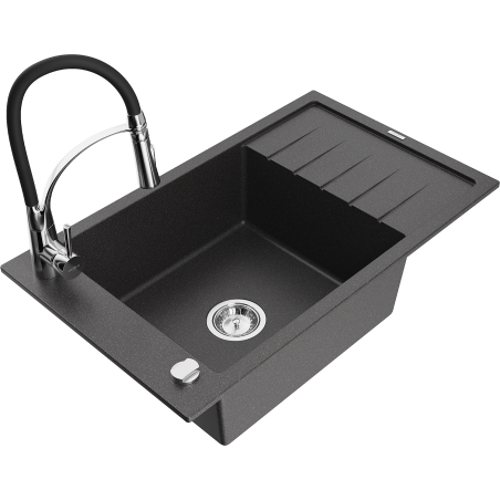 Mexen Elias 1-compartment granite sink with a drip tray and kitchen mixer tap Aster, spotted black - 6511-76-73450-07