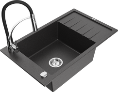 Mexen Elias 1-compartment granite sink with a drip tray and kitchen mixer tap Aster, spotted black - 6511-76-73450-07